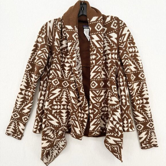 Patagonia Sweater Womens Small Cardigan Brown Beige Open Aztec Lambswool Western - Picture 1 of 8